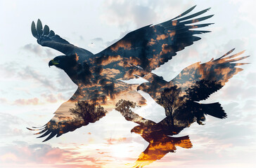 Eagles, large birds of prey on the background of natural habitat, photo collage