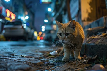A cat is walking on a sidewalk in the city at night. The scene is set in a busy urban environment with cars and other vehicles in the background - Powered by Adobe