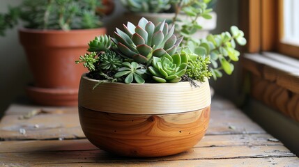 Elegant self-watering wooden planter with vibrant succulents on a rustic window sill