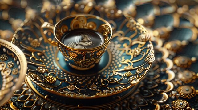 An elegant coffee poster, with intricate patterns and gold accents, reminiscent of a luxurious tea restaurant, where every cup is a work of art 8K , high-resolution, ultra HD,up32K HD