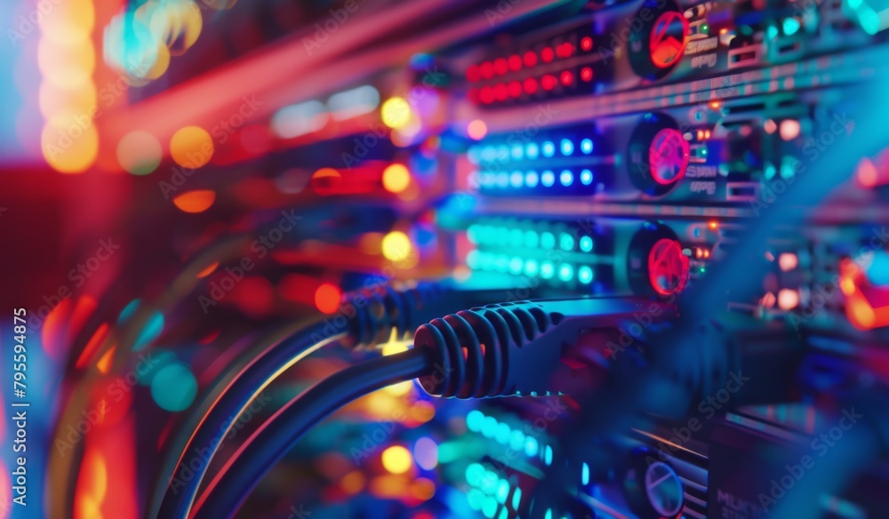 Wall mural a closeup of network cables and a switch in an office, with vibrant colors representing data transfe