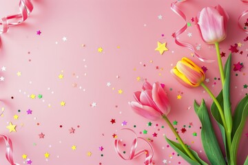 Pink Tulips and Stars on a Pink Background
