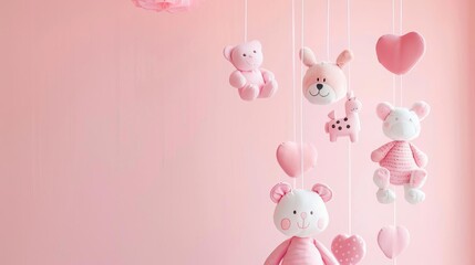 adorable baby mobile with cute animals hanging from strings soft pink background nursery decor concept