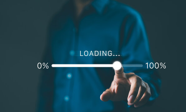 Person interacting with a futuristic loading progress bar interface, depicting data processing or software installation. Digital loading bar progress from 0 to 100 percent, information download, - Powered by Adobe