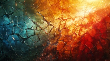 A vivid depiction of shattered glass with dramatic blazing flames in the background