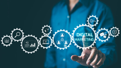 Digital marketing strategy concept. Commerce online sale, Website advertising agency, Business goals, Social media and email marketing, SEO Strategy, Search engine, AD web platform, Customer research,