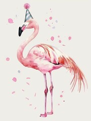 Minimalist Watercolor Flamingo Wearing a Party Hat for Celebratory and Wallpaper