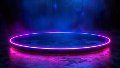Cyberpunk product demonstration stage, technology pedestal. Futuristic showcase with blue neon lighting 