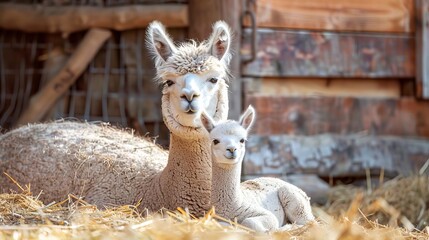 Naklejka premium alpaca family adorable newborn baby and mother resting on hay at the farm heartwarming animal photo