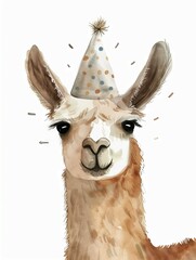 Naklejka premium Minimalist Watercolor Llama Celebrates in Style with Party Hat