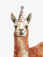 Obraz premium Minimalist Watercolor Llama Donning a Party Hat for Celebratory Decor