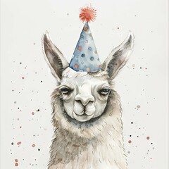 Obraz premium Minimalist Watercolor Llama Wearing a Party Hat for Jovial