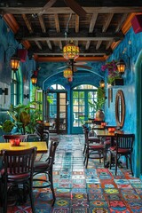 Fototapeta premium Create a Mediterraneaninspired restaurant interior with bright colors, mosaic tiles, and wrought iron accents to evoke a seaside dining experience 8K , high-resolution, ultra HD,up32K HD