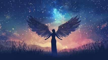 Naklejka premium angelic messenger woman with wings spreading arms under starry night sky concept illustration