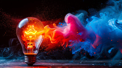 Light Bulb Bursting with Colorful Paint on Black Background
