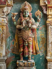 Intricately Detailed Revered Indian God Statue Adorned in Ornamental Jewelry and Elaborate Robes Against Vibrant Kaleidoscopic Background