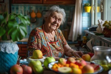 Smiling white-haired handsome senior woman sitting outdoors at cafe table enjoying breakfast with coffee, sweet food and orange juice.. Beautiful simple AI generated image in 4K, unique.