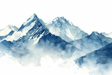 Fototapeta na wymiar Majestic Minimalist Watercolor Snowy Mountain Peaks in Serene Monochromatic Landscape with Misty Atmosphere and Ample Copy Space for Wallpaper or
