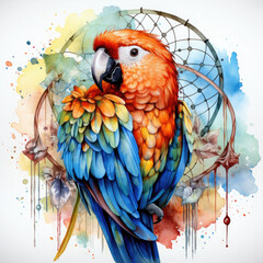 Watercolor Parrot & Dreamcatcher Illustration, Generative Ai