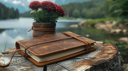 Vintage leather travel journal resting on an old wooden stump in nature - obrazy, fototapety, plakaty