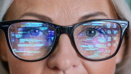 Data reflecting on eyeglasses on woman's face. Computrer programmer big data and ux designer concept