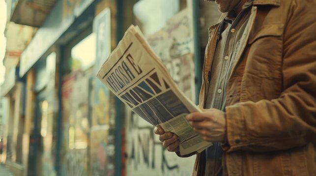 breaking news news concept image with news sign and man reading a newspaper photography