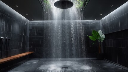 Modern water-saving showerhead with pulsating flow in stylish bathroom