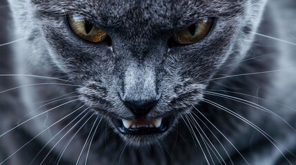 closeup of angry russian blue cat showing teeth animal photography
