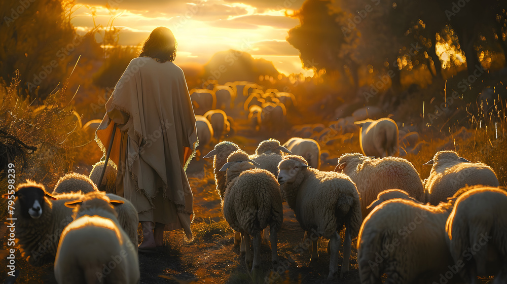 Wall mural bible jesus shepherd with his flock of sheep. - Wall murals