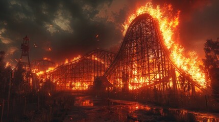 Fiery inferno engulfs roller coaster at abandoned amusement park at dusk