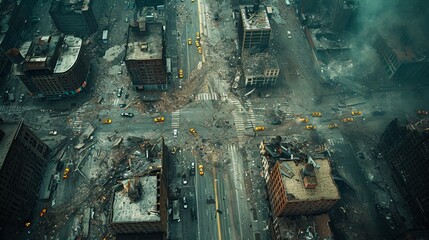 Aerial view of urban destruction, showing devastated city blocks and damaged buildings
