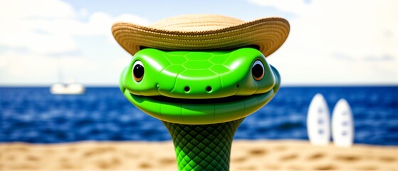 Snake wear straw hat on beach background ,vacation concept.