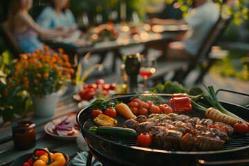 Group of friends having a barbecue in the backyard, with a grill full of vegetables and meat, and a table set for a feast