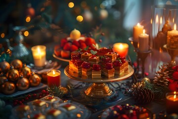 Festive Treats in Cozy Holiday Display with Candles and Photography - obrazy, fototapety, plakaty
