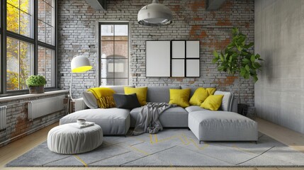 contemporary living loft interior design of modern living room with grey sofa and yellow accents 3d render
