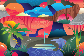 Illustration design abstract vector with panorama and sea concepts in gradient color