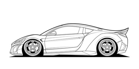 Coloring page vector line art for book and drawing. Black contour sketch Isolated on white background. High-speed drive vehicle. Graphic element. Illustration car. Stroke without fill