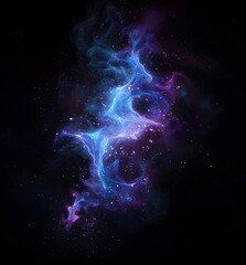 Black background, digital particles in blue and purple colors swirling around each other to form an abstract shape, with small particles floating upwards from the center of that structure The particle