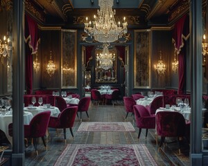 Fototapeta na wymiar Imagine a glamorous restaurant interior with luxurious furnishings, crystal chandeliers, and velvet upholstery for a highend dining experience 8K , high-resolution, ultra HD,up32K HD