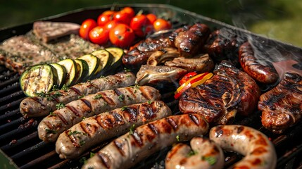 delicious grilled meat sausages and vegetables on large green backyard grill summer barbecue food photo