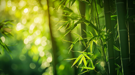 Lush bamboo leaves with sunlight flares on a blurred background