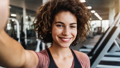 Joyful woman taking a selfie in a gym, radiating confidence and positivity after a workout session  - Powered by Adobe