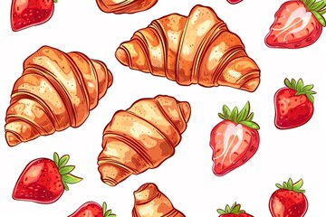 Pattern of croissants with strawberries on white background.