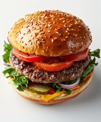 Delicious hamburger with lettuce, tomato, and onion
