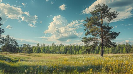 Obraz premium Lonely tree and yellow flowers in an open field