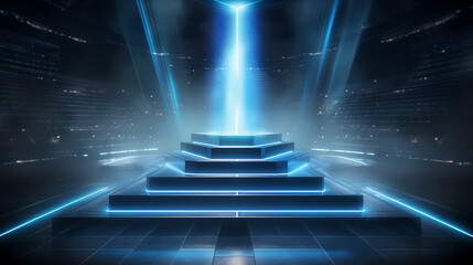 Round podium with shining blue light and digital technology elements