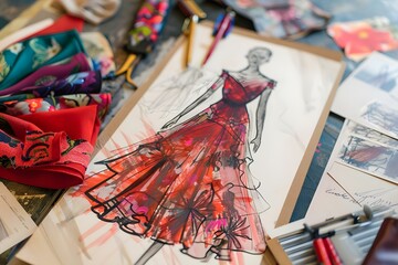 Fototapeta premium Fashion dress sketches and fabric swatches in workshop from above view. Concept Fashion Design, Dress Sketches, Fabric Swatches, Workshop, Above View