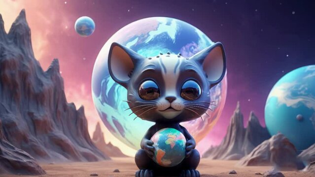 A lonely cute alien animal, similar to a cat, holds the planet in its paws. looped video