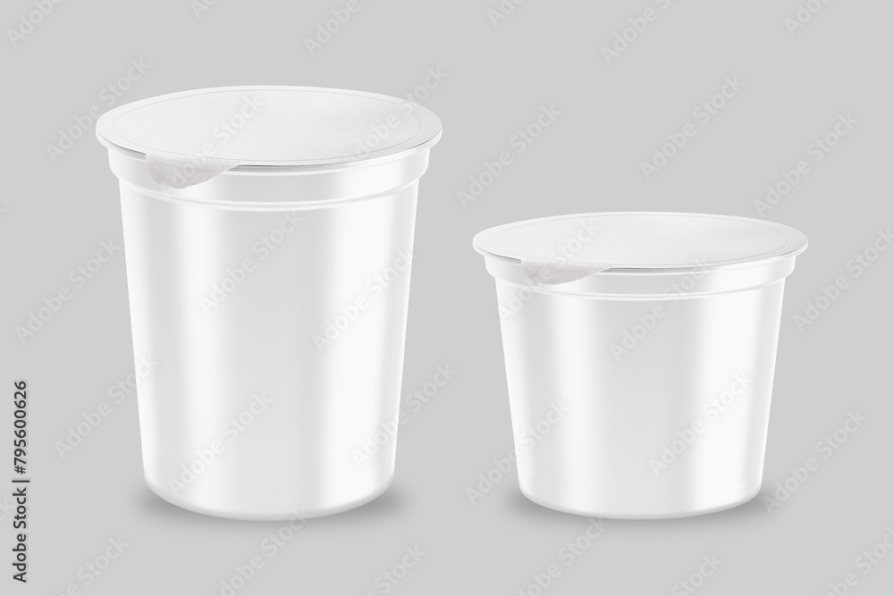 Poster set of plastic container for dairy foods with foil lid isolated on background with clipping path. yo