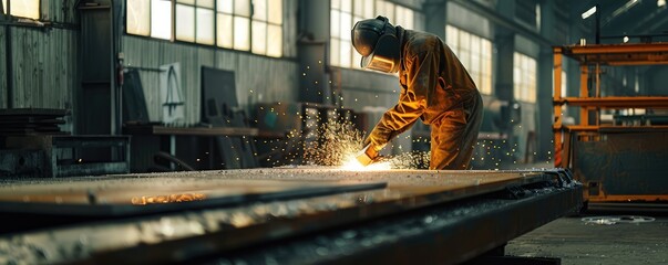 A worker working in metal work  on steel structure in factory.